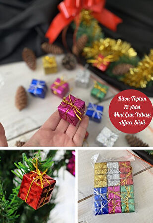 12 Adet Hediye Paketi  Renkli Noel  Yılbaşı Çam Ağacı Süsü 3 cm