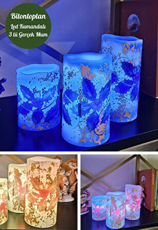 Yılbaşı Noel Temalı 3 lü Set Led Gerçek Mum Kumandalı 9 Renk Yanabilme  ve Animasyonlu Büyük Boy Led