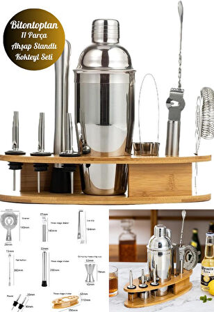 Kokteyl Shaker Seti 11 Parça Paslanmaz Çelik Bambu Standlı Kokteyl Yapma Kiti Bambu Barmenlik Kiti B