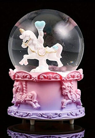 Mor Unicorn Tasarımlı Kar Küresi Işıklı Müzikli Orta Boy 12 cm