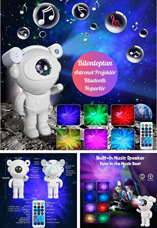 Yeni Nesil Bluetooth Hoparlörlü Astronot Yıldız Gezegen Projektörü Kumandalı Gece Lambası Büyük Boy
