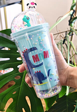 Sevimli Dino Temalı Çift Katman 450 ml Suluk Pipetli Mika Mavi 2769