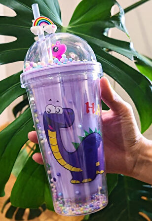 Sevimli Dino Temalı Çift Katman 450 ml Suluk Pipetli Mika Matara Mor 2769