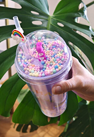 Sevimli Dino Temalı Çift Katman 450 ml Suluk Pipetli Mika Matara Mor 2769