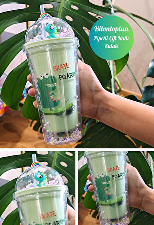 Sevimli Dino Temalı Çift Katman 450 ml Suluk Pipetli Mika Matara Yeşil 2769