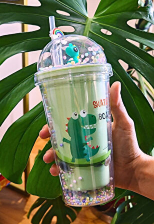 Sevimli Dino Temalı Çift Katman 450 ml Suluk Pipetli Mika Matara Yeşil 2769