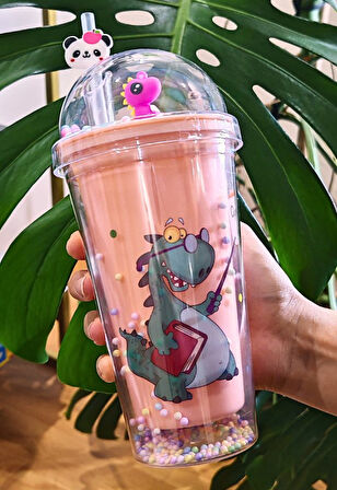 Sevimli Dino Temalı Çift Katman 450 ml Suluk Pipetli Mika Matara Pembe 2769