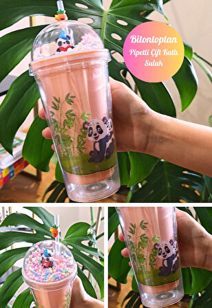 Sevimli Panda Temalı Çift Katman 450 ml Suluk Pipetli Mika Matara Pembe 2770