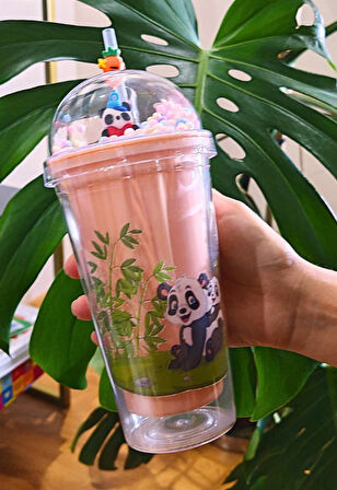 Sevimli Panda Temalı Çift Katman 450 ml Suluk Pipetli Mika Matara Pembe 2770