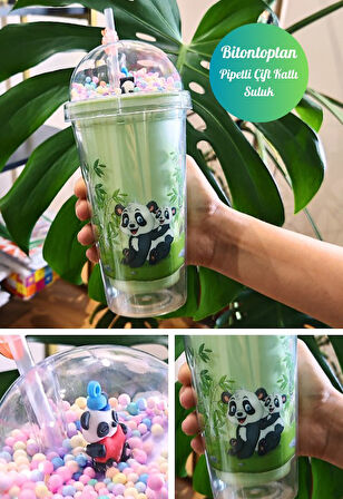 Sevimli Panda Temalı Çift Katman 450ml Suluk Pipetli Mika Matara Yeşil 2770