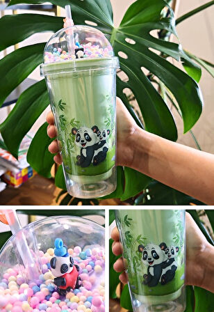 Sevimli Panda Temalı Çift Katman 450ml Suluk Pipetli Mika Matara Yeşil 2770