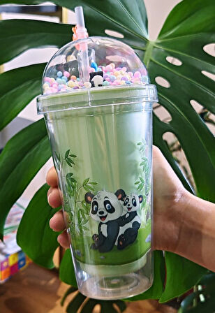 Sevimli Panda Temalı Çift Katman 450ml Suluk Pipetli Mika Matara Yeşil 2770