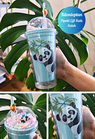 Sevimli Panda Temalı Çift Katman 450ml Suluk Pipetli Mika Matara Mavi 2770