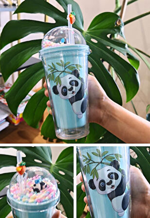 Sevimli Panda Temalı Çift Katman 450ml Suluk Pipetli Mika Matara Mavi 2770