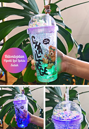 Challange Ayıcık Suluk Pipetli Buzlu Cam Görünümlü Led Işıklı 450 ML Çift Katman Mika 2768 Mor