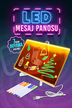 Büyük Boy 30 X 20 cm Neon Mesaj Panosu Led Işıklı Yazı Çizim Tahtası Standlı 7 Keçeli Kalemli