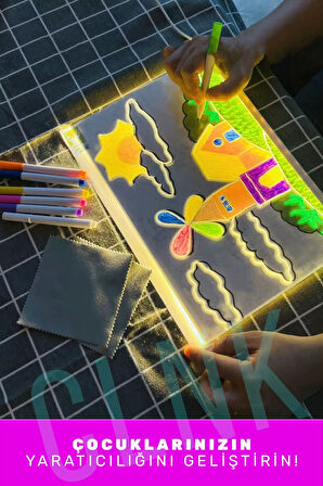 Büyük Boy 30 X 20 cm Neon Mesaj Panosu Led Işıklı Yazı Çizim Tahtası Standlı 7 Keçeli Kalemli