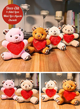 4 Adet Mini Lüx Ayıcık Kalpli Love Yazılı Hediyelik Ayıcık 11 cm x 9 cm