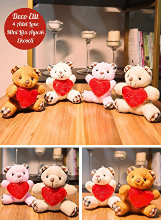 4 Adet Mini Lüx Ayıcık Kalpli Love Yazılı Hediyelik Ayıcık 11 cm x 9 cm
