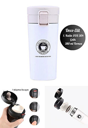 Beyaz Mug Termos 12 Saate Kadar Sıcak Soğuk Tutma Filtreli Çift Katmanlı SUS 304 380ml