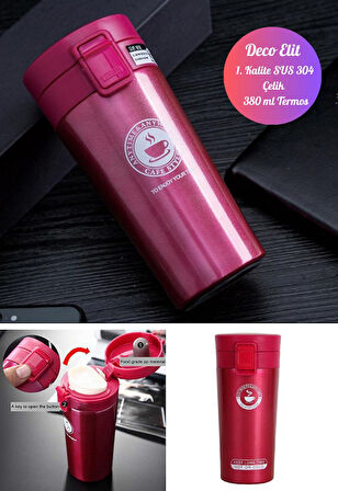 Pembe Mug Termos 12 Saate Kadar Sıcak Soğuk Tutma Filtreli Çift Katmanlı SUS 304 380ml