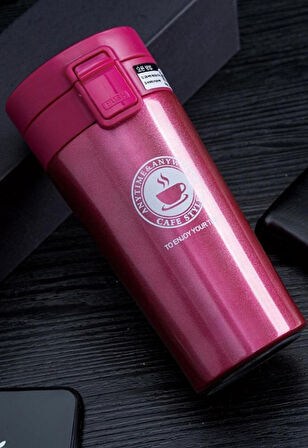 Pembe Mug Termos 12 Saate Kadar Sıcak Soğuk Tutma Filtreli Çift Katmanlı SUS 304 380ml