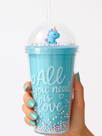 Coll Teen Temalı Çift Katman 450 ml Suluk Pipetli Mika Mavi 2089