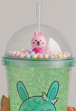 Pipetli Suluk Tavşan Led Işıklı Buzlu Görünümlü 450 ML Çift Katman Mika Su Şişesi  2087 Yeşil