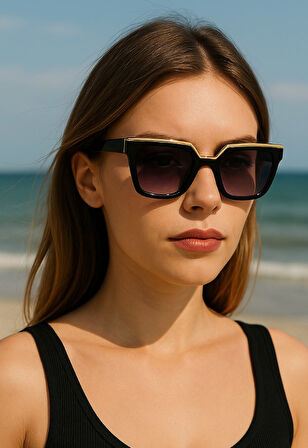 Lena Kadın Güneş Gözlüğü Gold Üst - Siyah Çerçeve Orta Boy UV 400 Korumalı CE Sertifikalı Güneş Gözl