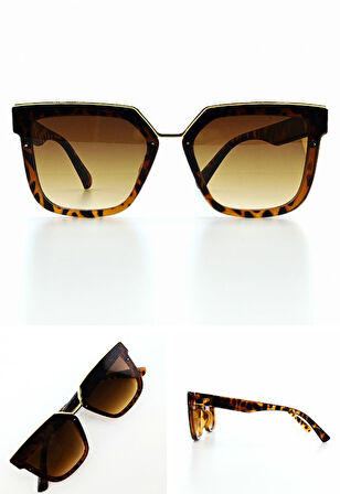 Alexa K.Rengi Kadın Güneş Gözlüğü Leopar Desen Çerçeve - Metal Gold Detay UV 400 Korumalı Gözlük