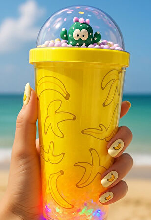 Fresh Temalı Suluk Pipetli Buzlu Cam Görünümlü Led Işıklı 450 ML Çift Katman Mika 2768