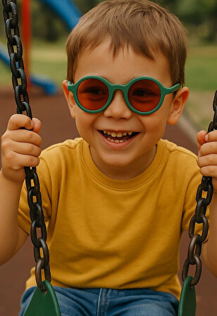 Kids Güneş Gözlüğü Koyu Yeşil Yuvarlak Çerçeve UV 400 Korumalı CE Belgeli Çocuk Güneş Gözlüğü