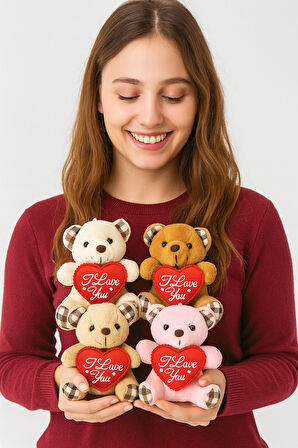 4 Adet Sevimli Mini Peluş Ayıcık - Kalpli 'I Love You' Mesajlı 11x9 cm 