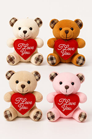 4 Adet Sevimli Mini Peluş Ayıcık - Kalpli 'I Love You' Mesajlı 11x9 cm 