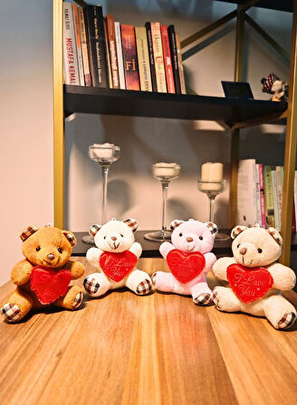 4 Adet Sevimli Mini Peluş Ayıcık - Kalpli 'I Love You' Mesajlı 11x9 cm 