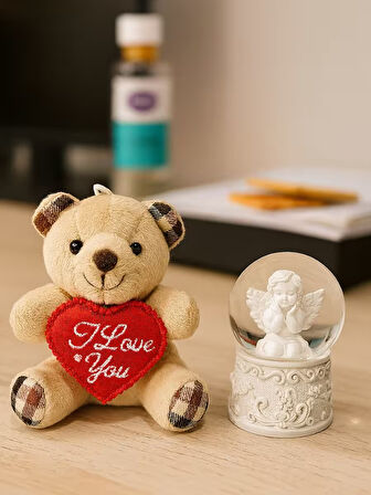 Sevimli Mini Peluş Ayıcık ve Mini Melek Kar Küresi Set Bej Rengi