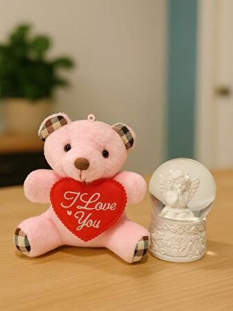 Sevimli Mini Peluş Ayıcık ve Mini Melek Kar Küresi Set Pembe