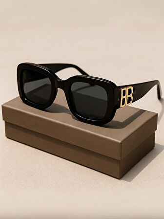 BB Cool Kadın Güneş Gözlüğü Gold Metal BB Detay Siyah Çerçeve  UV 400 Korumalı CE Sertifikalı 