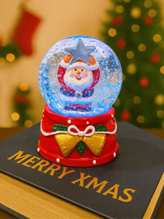 2026 Yılbaşı Temalı LED Işıklı Yıldız Tutan Noel Baba Kar Küresi 9 cm Orta Boy Yeni Yıl Süsü - 48