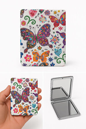 Kelebak Tasarımlı Simli Büyüteçli Pratik Mini Cep Çanta Makyaj Aynası