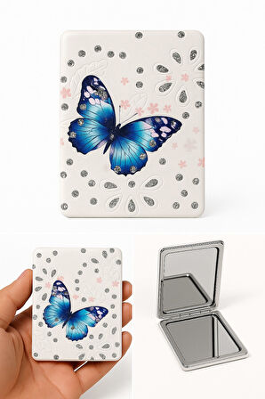 Kelebak Tasarımlı Simli Büyüteçli Pratik Mini Cep Çanta Makyaj Aynası