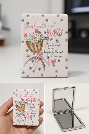 Çiçekli Bisiklet Tasarımlı Simli Büyüteçli Pratik Mini Cep Çanta Makyaj Aynası 