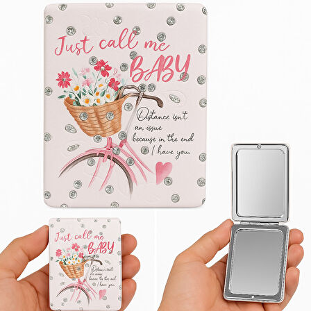 Çiçekli Bisiklet Tasarımlı Simli Büyüteçli Pratik Mini Cep Çanta Makyaj Aynası 