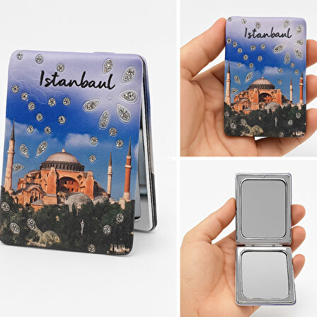 İstanbul Temalı Simli Büyüteçli Pratik Mini Cep Çanta Makyaj Aynası 