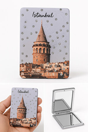İstanbul Galata Kulesi Temalı Simli Büyüteçli Pratik Mini Cep Çanta Makyaj Aynası 