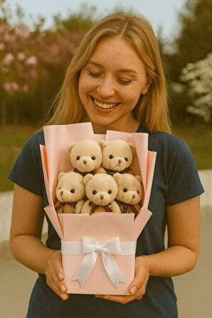 Peluş Ayıcık Buketi A.Kahve – 5’li Sevimli Teddy Bear Aranjmanı | Hediyelik ve Dekoratif