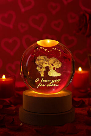 Romantik LED Işıklı Kristal Küre Lamba – "I Love You Forever" Tasarım – USB'li Ahşap Standlı 