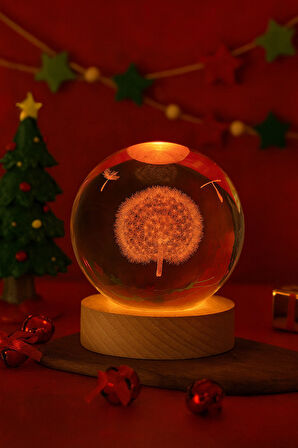 3D Karahindiba Temalı Kristal Küre Gün Işığı Led Gece Lambası – USB'li Ahşap Standlı LED Lamba