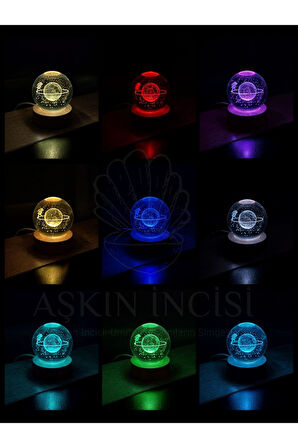 3D Satürn Kız Küre Kristal Led Gece Lambası – USB'li Ahşap Standlı LED Masa & Gece Lambası RGB