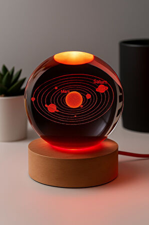 3D Güneş Sistemi Kristal Led Gece Lambası – USB'li Ahşap Standlı LED Masa - Gece Lambası RGB Led